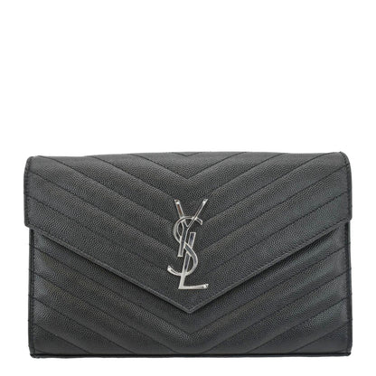 YVES SAINT LAURENT Envelope Chevron Leather Chain Wallet Crossbody Bag Black