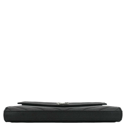 YVES SAINT LAURENT Envelope Chevron Leather Chain Wallet Crossbody Bag Black