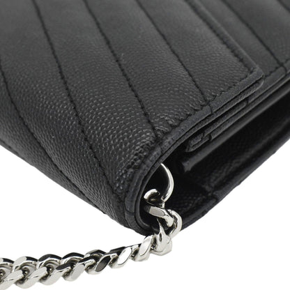 YVES SAINT LAURENT Envelope Chevron Leather Chain Wallet Crossbody Bag Black