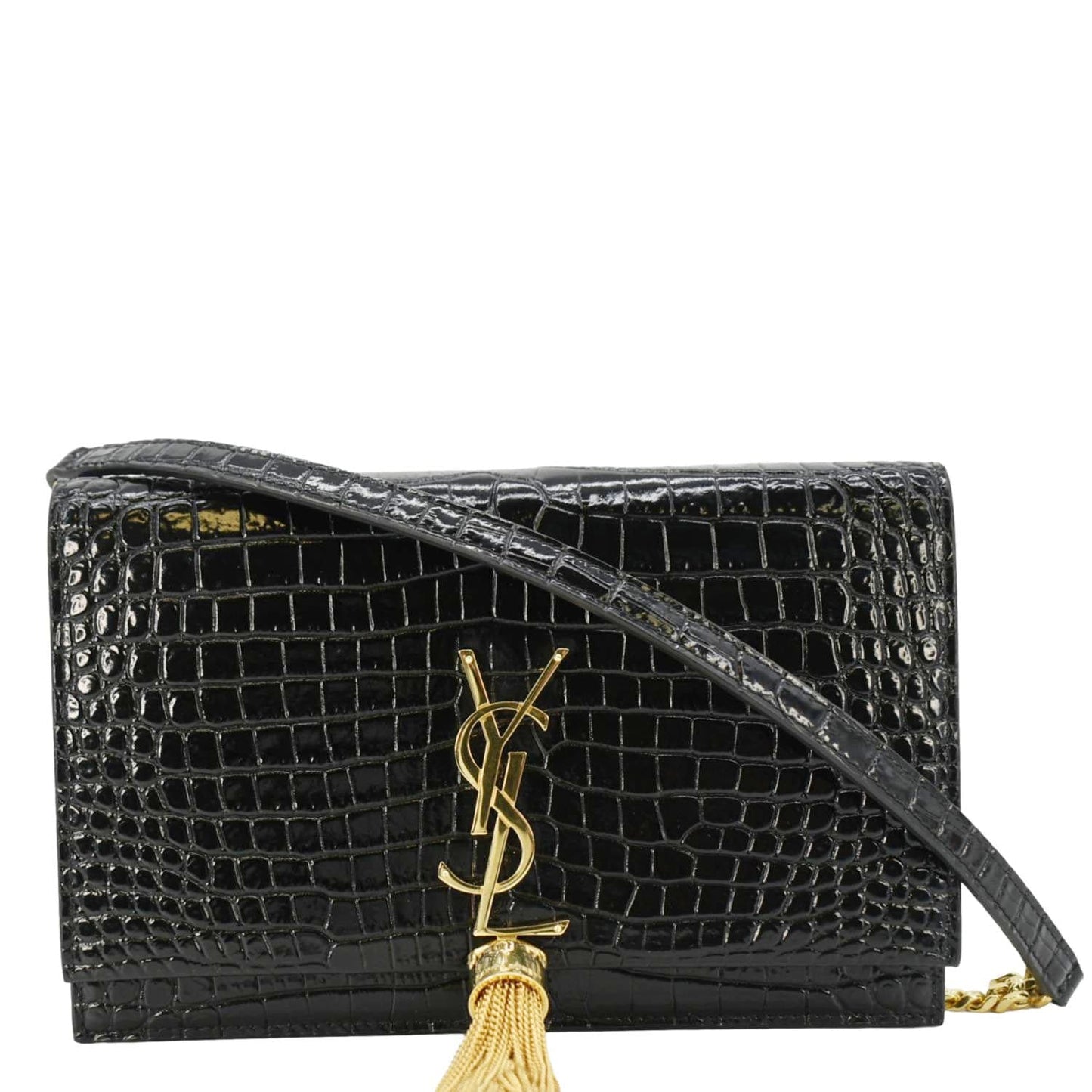 YVES SAINT LAURENT Kate Tassel Crocodile Embossed Leather Crossbody Bag Black