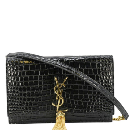 YVES SAINT LAURENT Kate Tassel Crocodile Embossed Leather Crossbody Bag Black