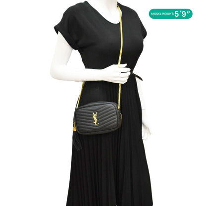 YVES SAINT LAURENT Lou Mini Chevron Leather Camera Crossbody Bag Black