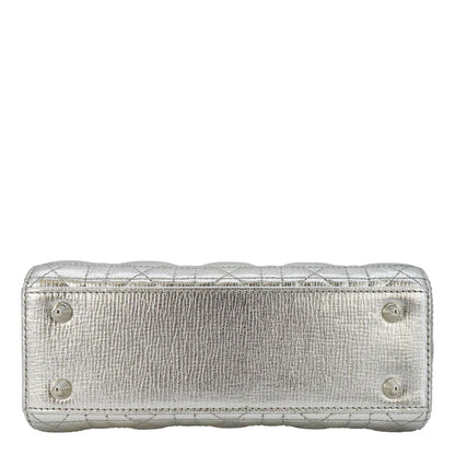 CHRISTIAN DIOR Lady Dior Lambskin Leather Shoulder Bag Metallic Silver