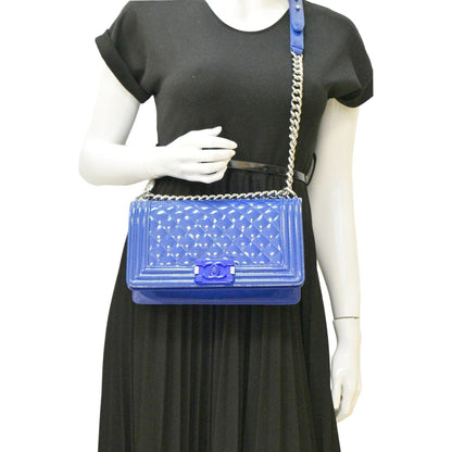 CHANEL Boy Flap Old Medium Plexiglass Patent Leather Crossbody Bag Blue