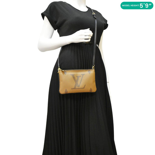 LOUIS VUITTON Double Zip Pochette Giant Monogram Reverse Canvas Crossbody Bag Brown