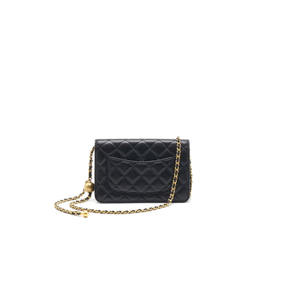Chanel Lambskin Quilted CC Pearl Crush Wallet on Chain Black