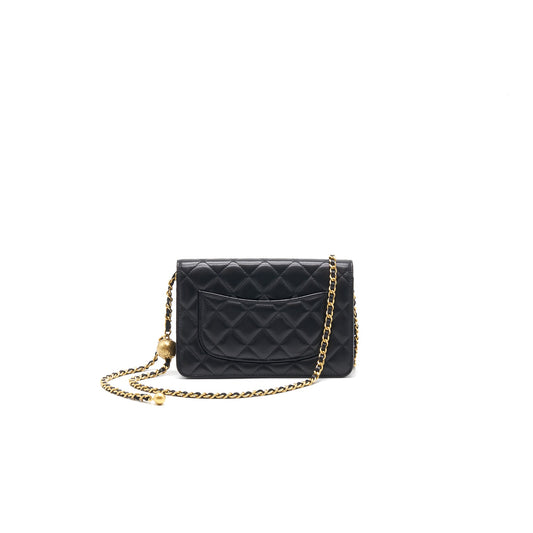 Chanel Lambskin Quilted CC Pearl Crush Wallet on Chain Black