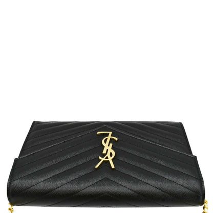 YVES SAINT LAURENT Cassandre Chain Wallet Leather Crossbody Bag Black