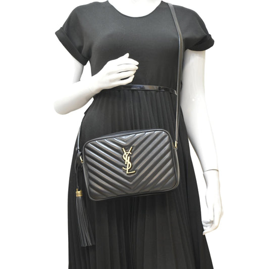 YVES SAINT LAURENT Lou Chevron Leather Camera Crossbody Bag Black