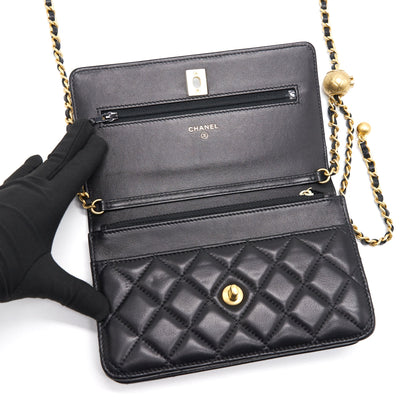 Chanel Lambskin Quilted CC Pearl Crush Wallet on Chain Black