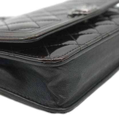 CHANEL Boy WOC Quilted Patent Leather Wallet On Chain Shoulder Bag Black