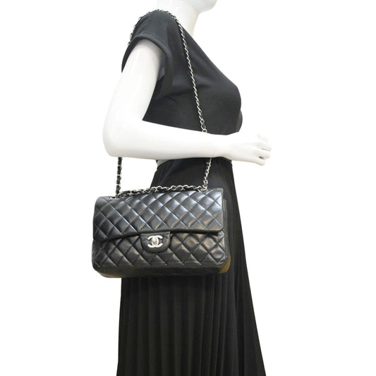 CHANEL Classic Medium Double Flap Leather Shoulder Bag Black