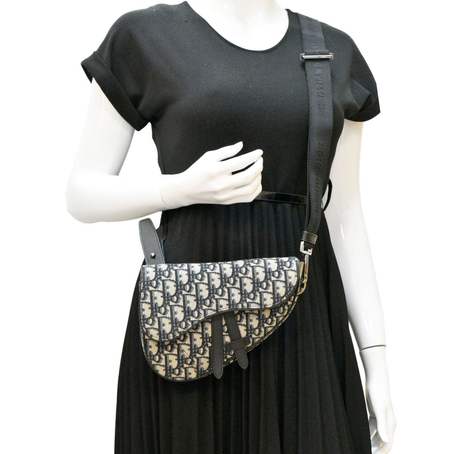 CHRISTIAN DIOR Saddle Oblique Jacquard Belt Crossbody Bag Navy Blue