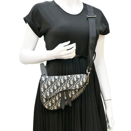 CHRISTIAN DIOR Saddle Oblique Jacquard Belt Crossbody Bag Navy Blue