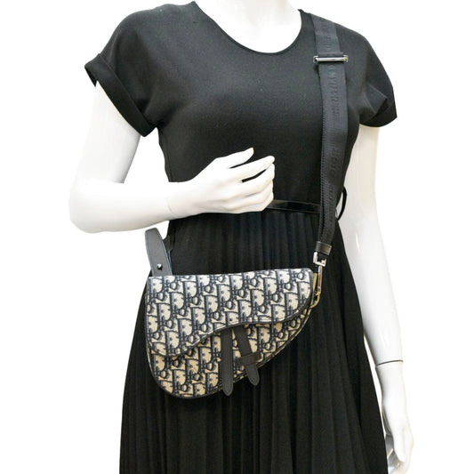 CHRISTIAN DIOR Saddle Oblique Jacquard Belt Crossbody Bag Navy Blue