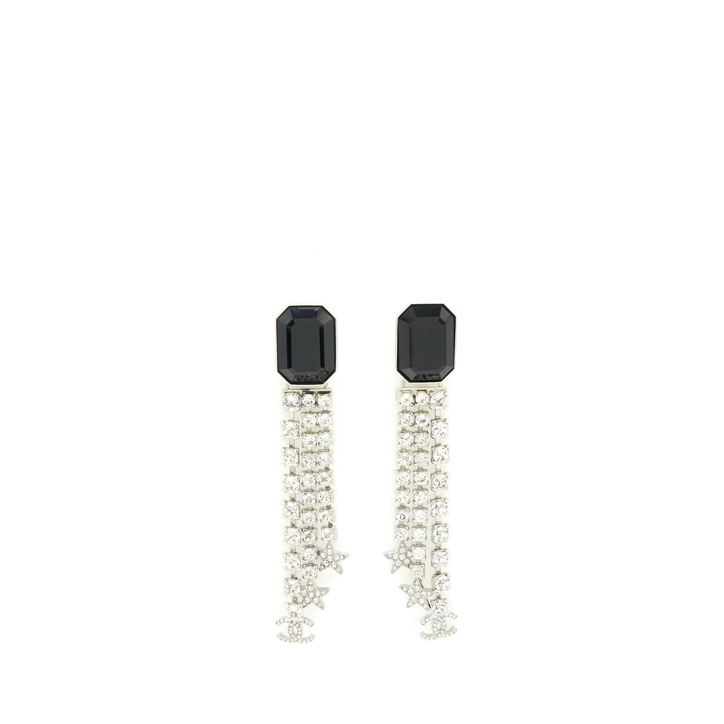 Chanel Square With Crystal And Star Dropping Earrings Silver Tone