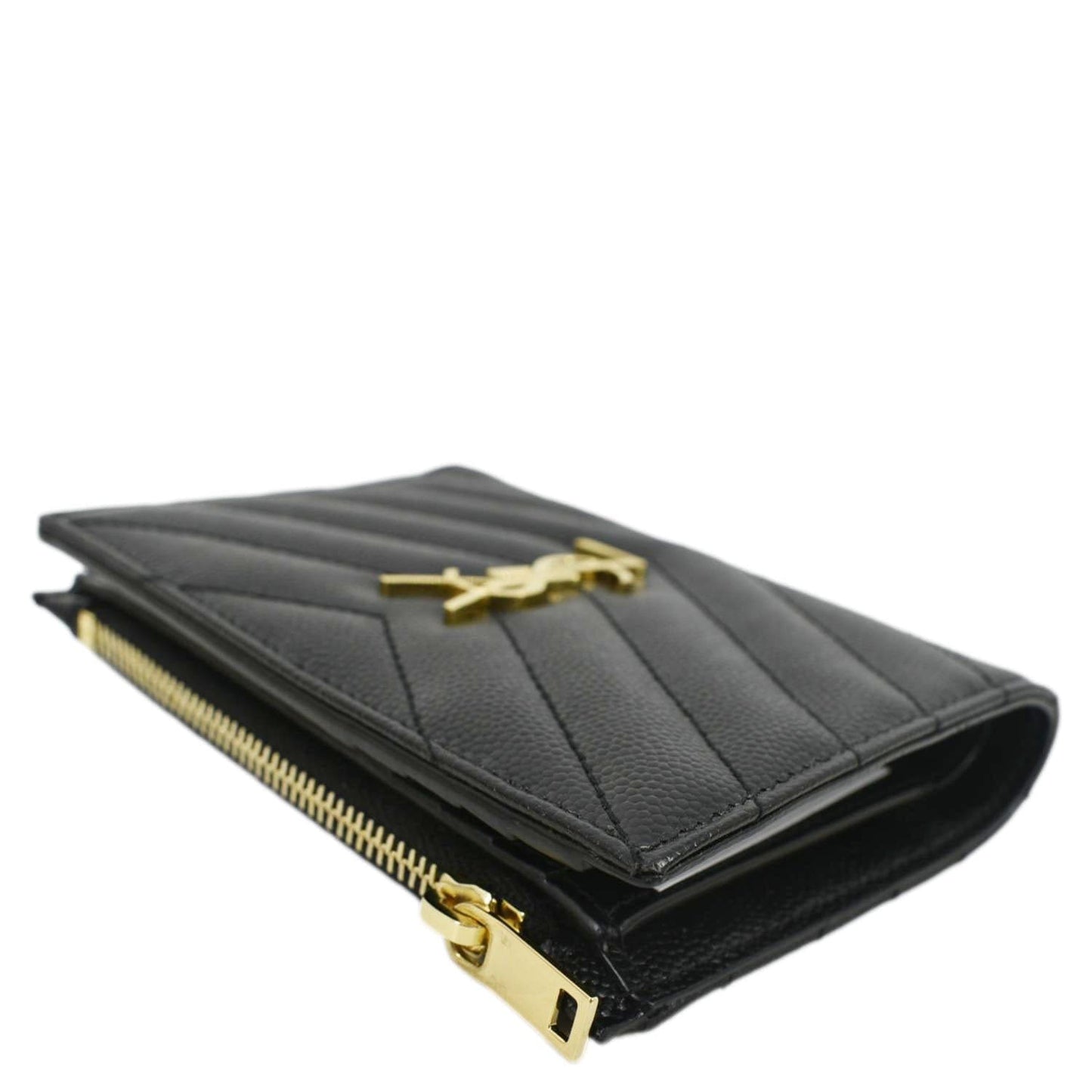 YVES SAINT LAURENT Monogram Compact Leather Zip Wallet Black