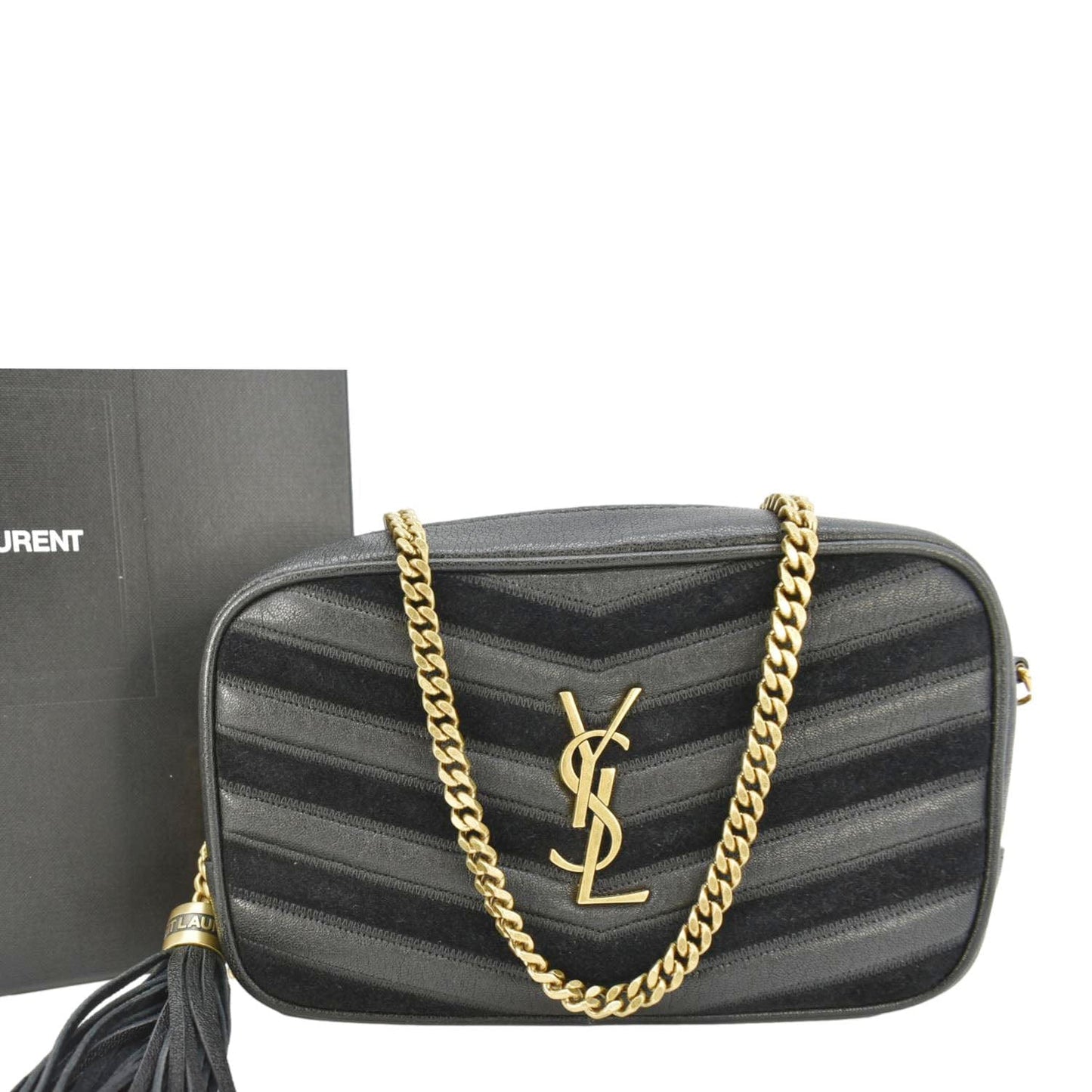 YVES SAINT LAURENT Lou Camera Chevron Leather Crossbody Bag Black
