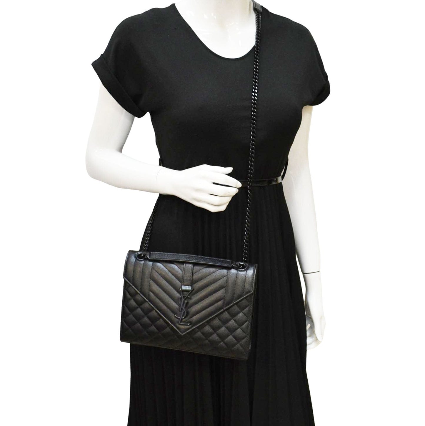 YVES SAINT LAURENT Envelope Medium Mixed Matelasse Leather Shoulder Bag Black