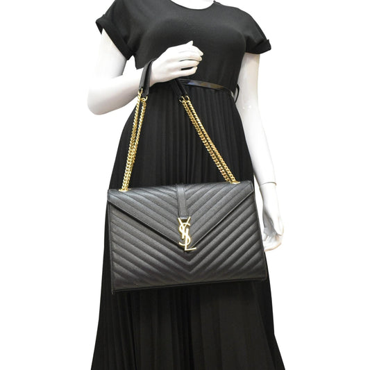 YVES SAINT LAURENT Large Envelope Leather Chain Shoulder Bag Black