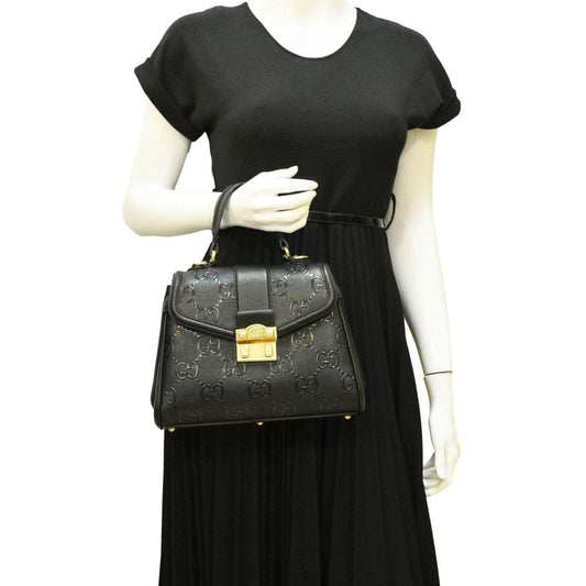GUCCI Small GG Leather Top Handle Shoulder Bag Black 675791