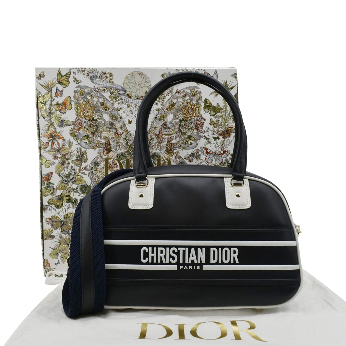 CHRISTIAN DIOR Vibe Zip Bowling Medium Leather Shoulder Bag Navy Blue