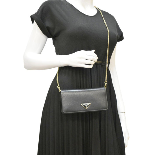 PRADA Wallet on Chain Leather Clutch Crossbody Bag Black