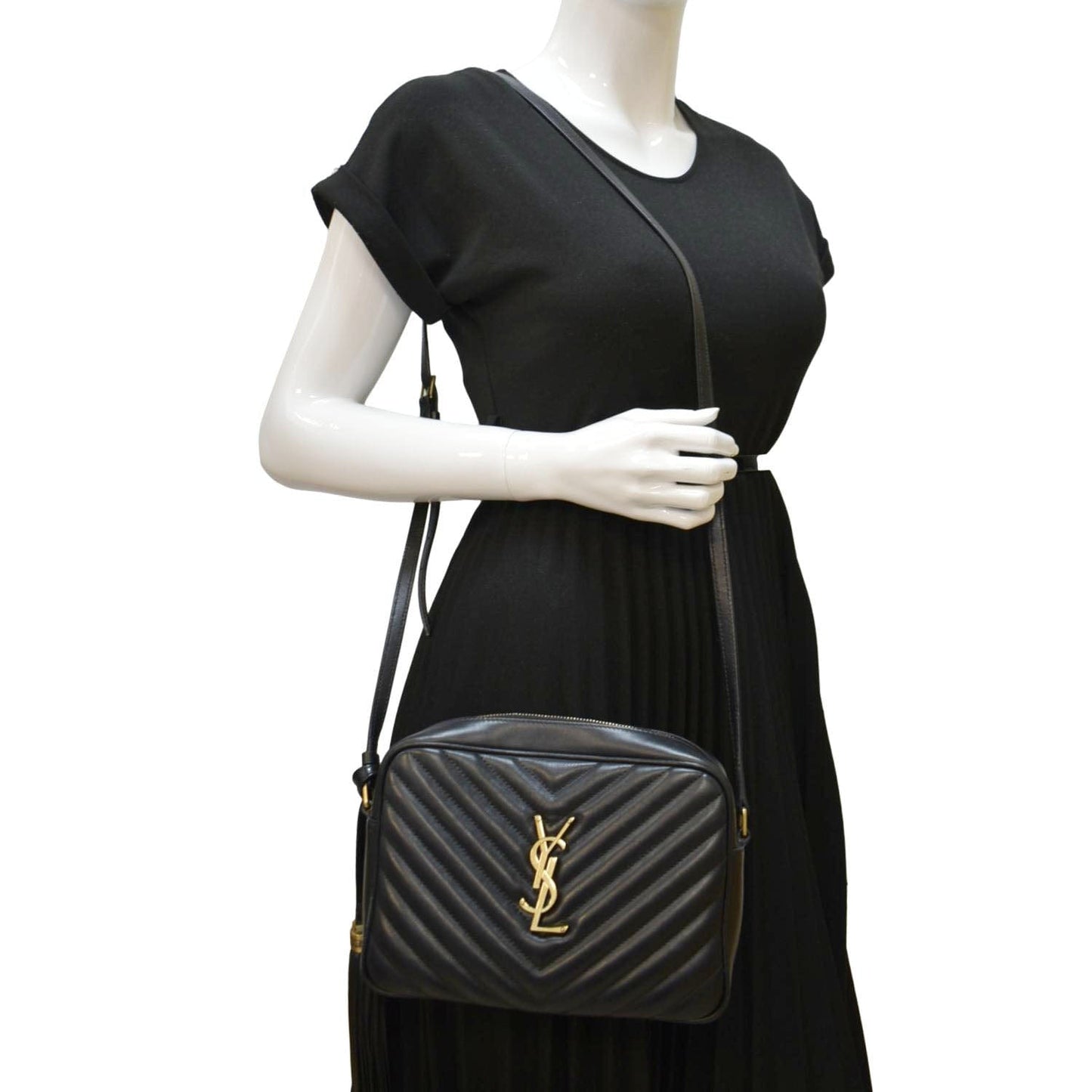YVES SAINT LAURENT Lou Chevron Leather Camera Crossbody Bag Black