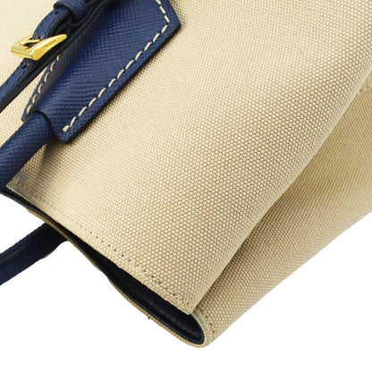 PRADA Double Handle Canvas Tote Shoulder Bag Beige