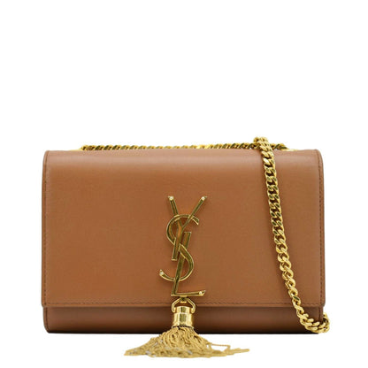 YVES SAINT LAURENT Kate Leather Chain Clutch Crossbody Bag Tan