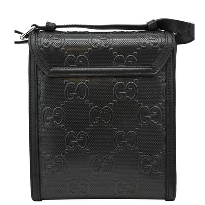 GUCCI GG Embossed Leather Messenger Bag Black 625782