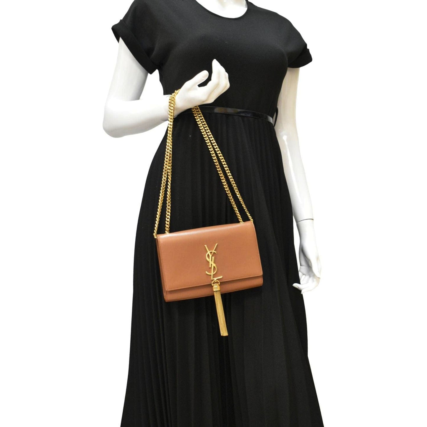 YVES SAINT LAURENT Kate Leather Chain Clutch Crossbody Bag Tan