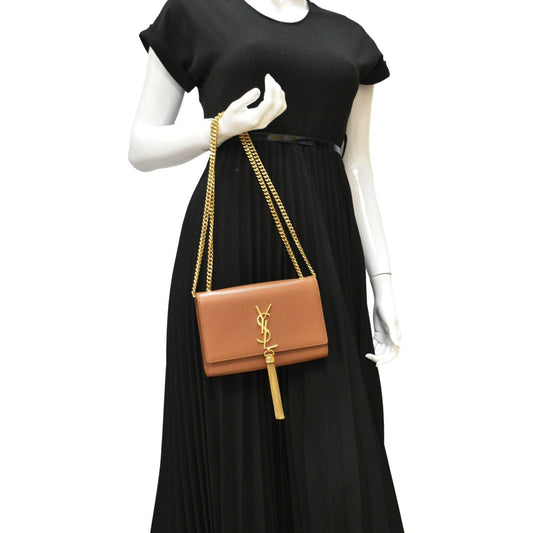 YVES SAINT LAURENT Kate Leather Chain Clutch Crossbody Bag Tan