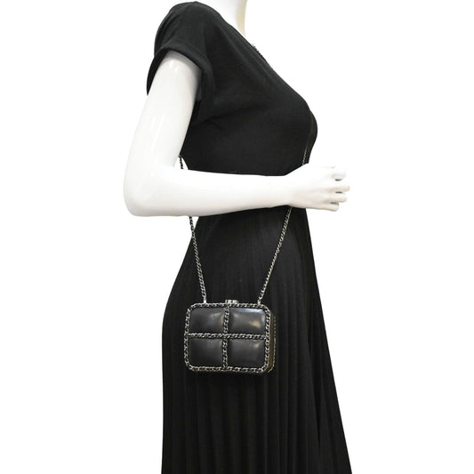 CHANEL Minaudiere Lambskin Leather Chain Clutch Crossbody Black