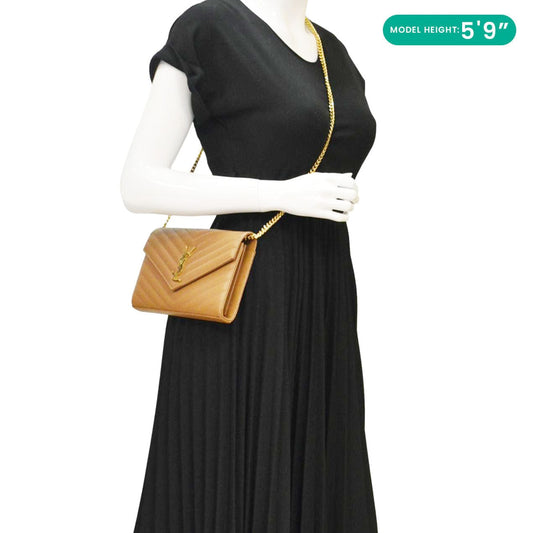 YVES SAINT LAURENT Cassandre Leather Chain Crossbody Bag Brown