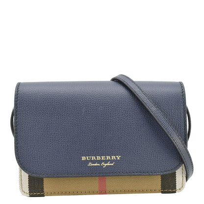 BURBERRY Hampshire Small House Check Canvas Crossbody Bag Navy Blue