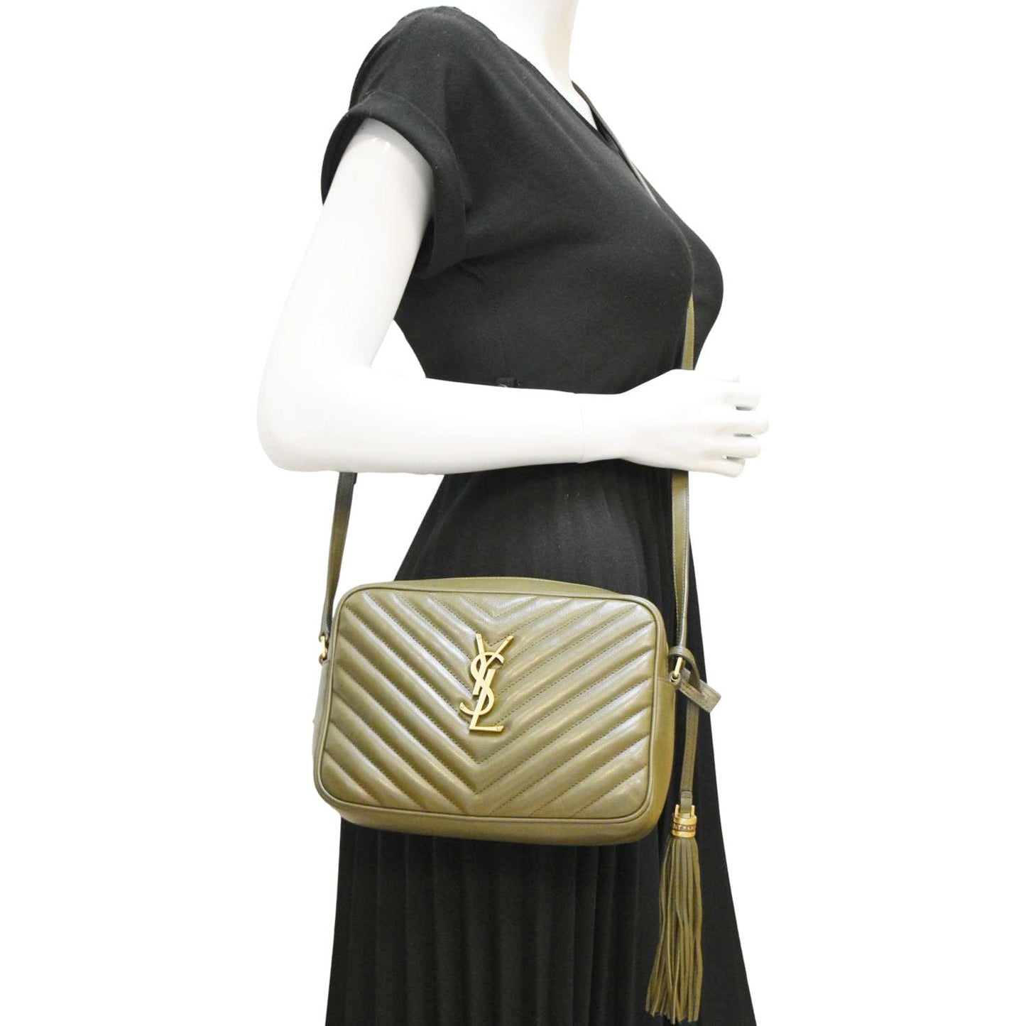 YVES SAINT LAURENT Lou Chevron Leather Camera Crossbody Bag Olive