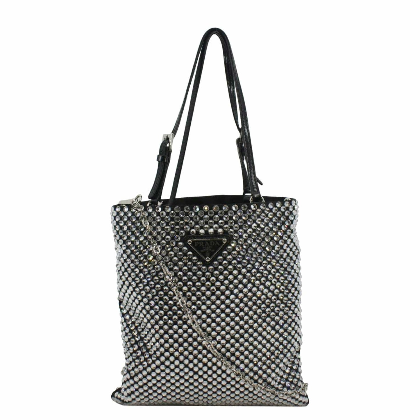 PRADA Chain Flat Mini Crystal Embellished Satin Tote Bag Silver