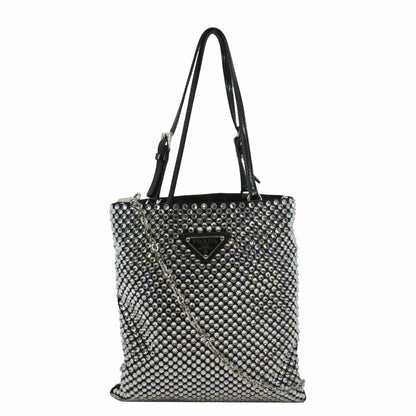 PRADA Chain Flat Mini Crystal Embellished Satin Tote Bag Silver