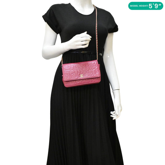 CHANEL Camellia Wallet On Chain Leather Crossbody Bag Fuchsia