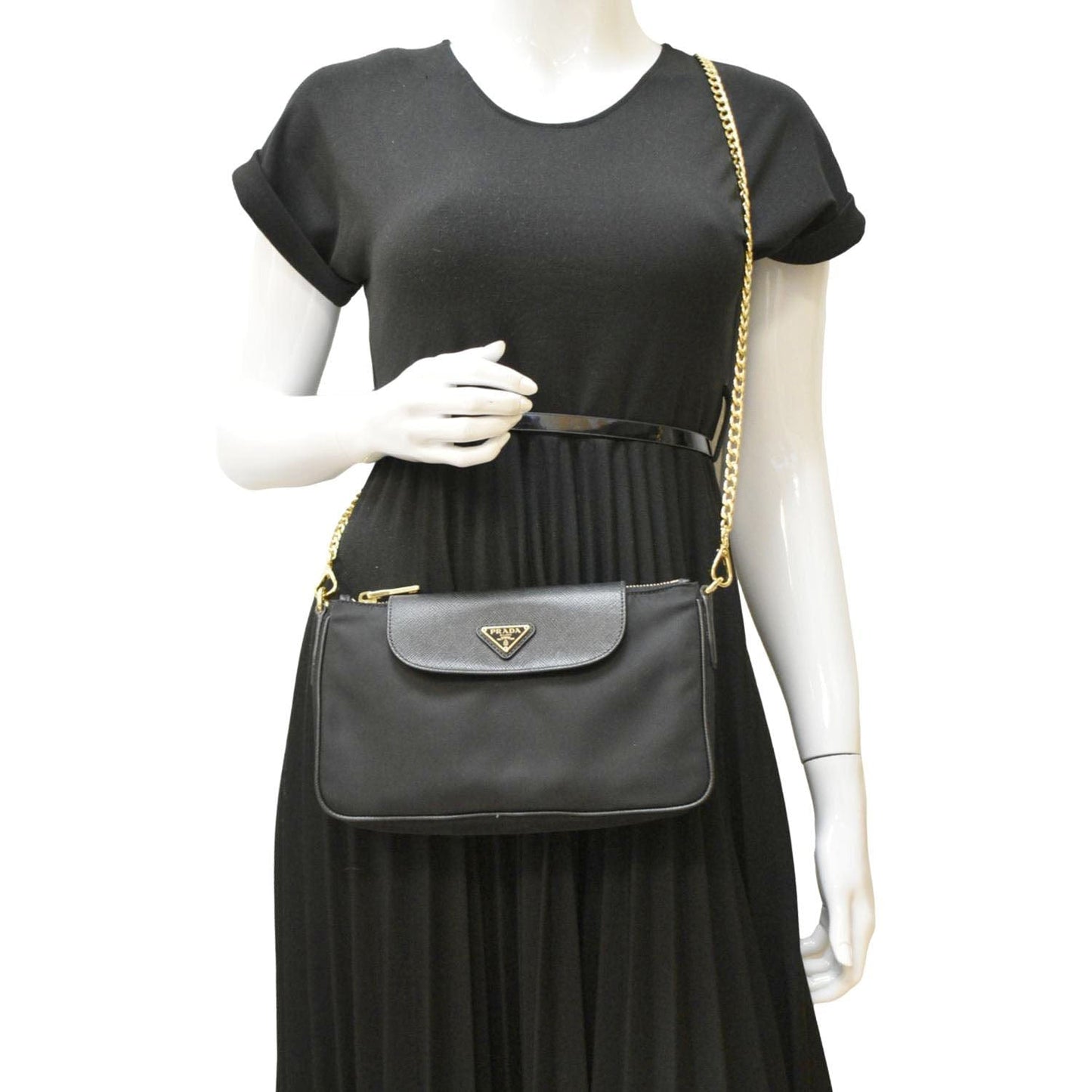 PRADA Small Tessuto Saffiano Chain Crossbody Bag Black