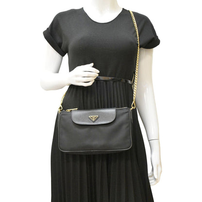 PRADA Small Tessuto Saffiano Chain Crossbody Bag Black