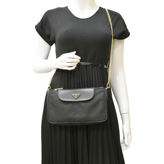 PRADA Small Tessuto Saffiano Chain Crossbody Bag Black