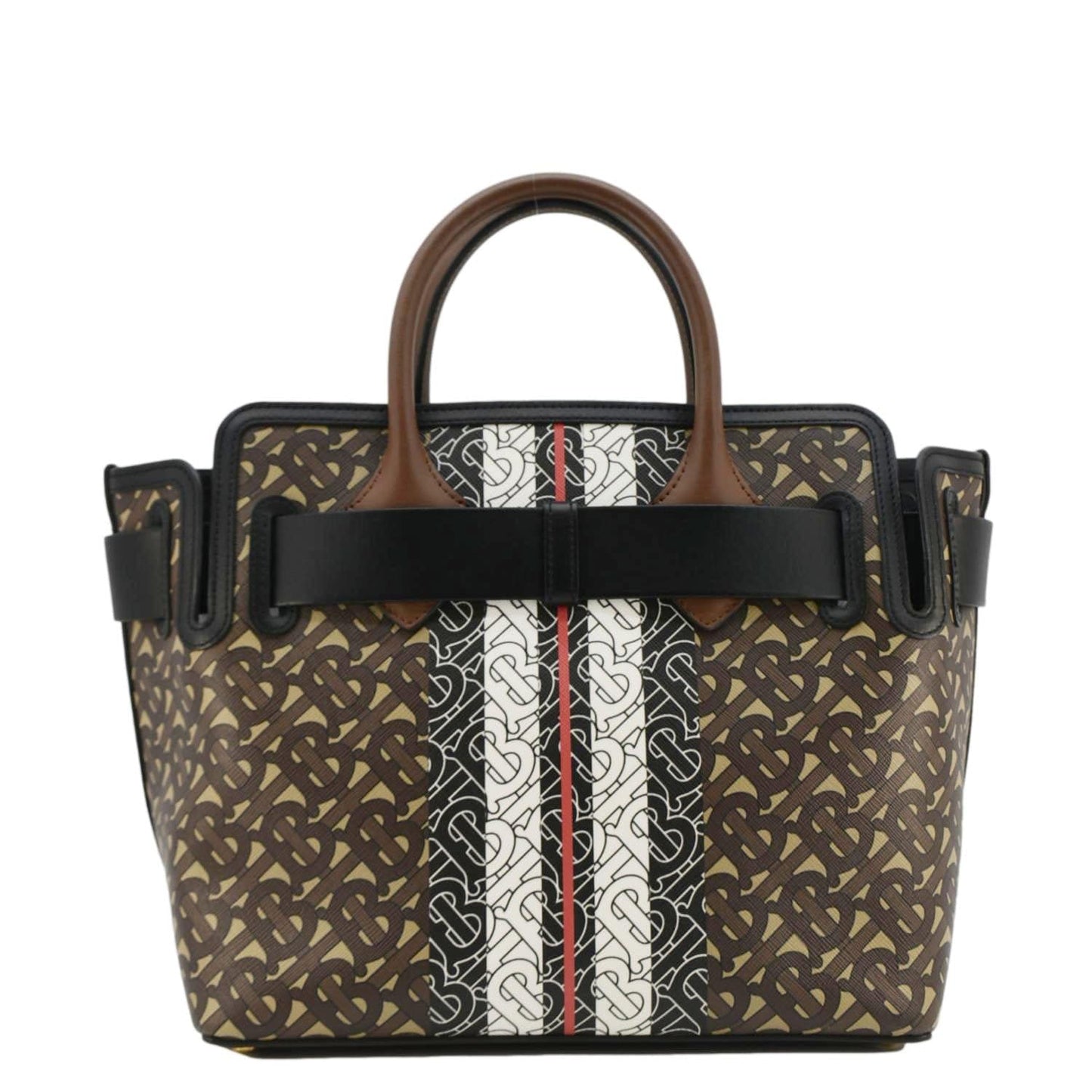 BURBERRY Belted Small Monogram Stripe E-Canvas Tote Shoulder Bag Brown