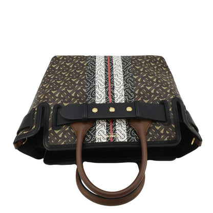 BURBERRY Belted Small Monogram Stripe E-Canvas Tote Shoulder Bag Brown