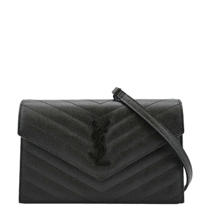 YVES SAINT LAURENT Monogram Envelope Grain De Poudre Leather Crossbody Bag Black