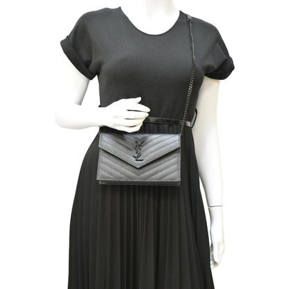 YVES SAINT LAURENT Monogram Envelope Grain De Poudre Leather Crossbody Bag Black