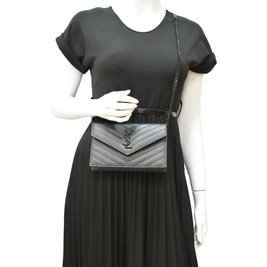 YVES SAINT LAURENT Monogram Envelope Grain De Poudre Leather Crossbody Bag Black