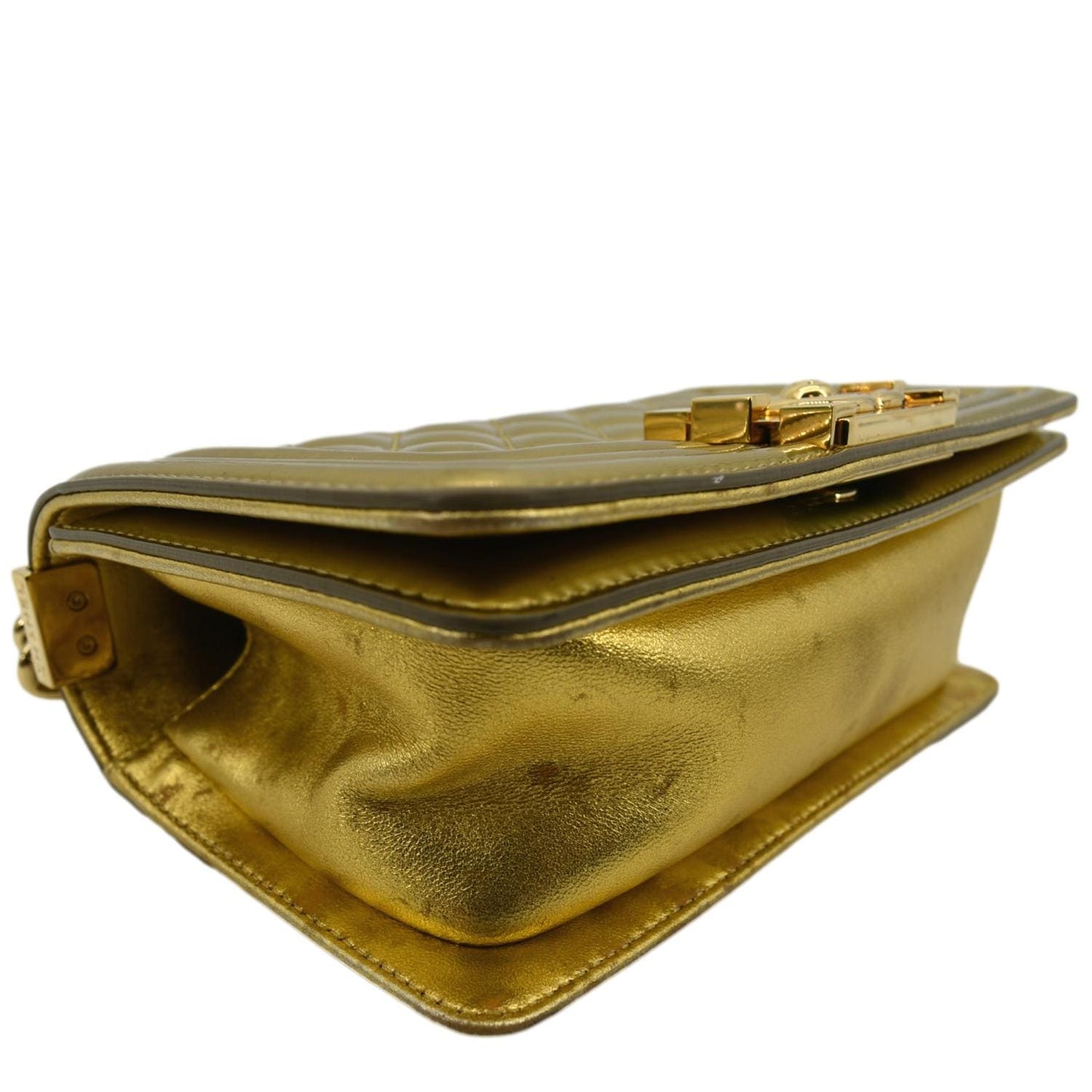 CHANEL Boy Flap Quilted Patent Leather Crossbody Bag Metallic Gold