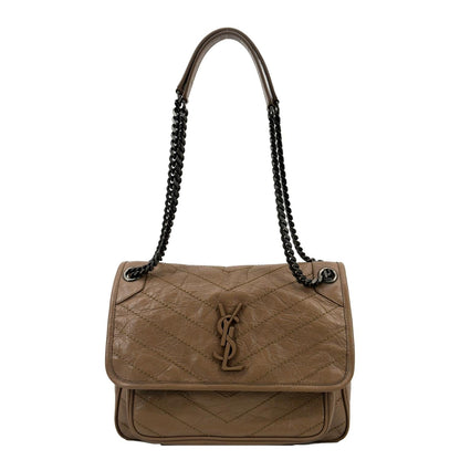 YVES SAINT LAURENT Niki Medium Leather Crossbody Bag Greyish Brown